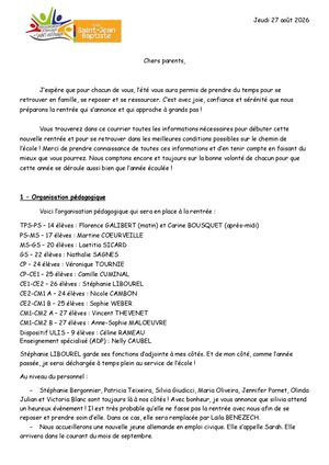 Lettre Aux Familles Rentrée 2026