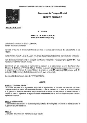 Arrêté 2026 277 Travaux Avenue De Bethléem