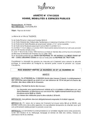 Arrete 1741 2026 - Reprise De Trottoir Rue Diderot Entre Le 20 Et 22 Du 7 Au 11 09 2026 (5j) Publié Le 27 08 2026