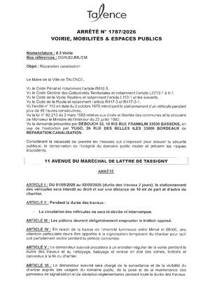Arrete 1787 2026 - Reparation Canalisation 11 Av Du Marechal De Lattre De Tassigny Du 1 Au 2 09 2026 Publié Le 27 08 2026