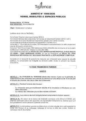 Arrete 1909 2026 - Deplacement Compteur 14 Rue Francisco Ferrer Du 7 U 18 09 2026 (1j) Publié Le 27 08 2026
