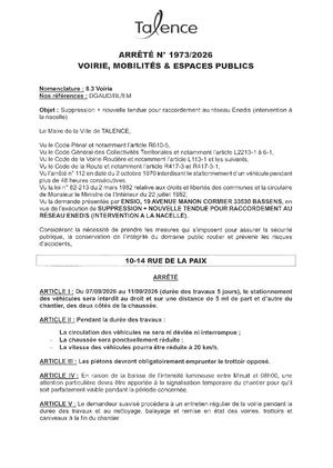 Arrete 1973 2026 - Suppression Et Nouvelle Tendue Raccordement Enedis 10 14 Rue De La Paux Du 7 Au 11 09 2026 (5j) Publié Le 27 08 2026