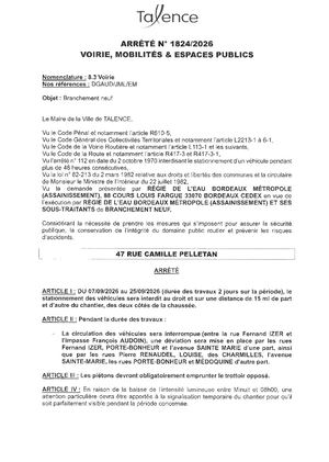 Arrete 1824 2026 - Branchement Neuf 47 Rue Camille Pelletan Du 7 Au 25 09 2026 (2j) Publié Le 27 08 2026