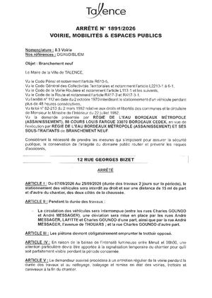 Arrete 1891 2026 - Branchement Neuf 12 Rue G Bizet Du 7 Au 25 09 2026 (2j) Publié Le 27 08 2026
