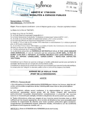Arrete 1798 2026 - Pose Et Depose Candelabres Av De La Vieille Tour Du 7 Au 12 09 2026 (6 Nuits) Publié 27 08 2026