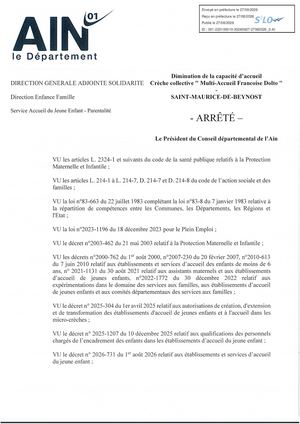 Arrêté Diminution De La Capacité D'accueil - Francoise DOLTO - ST MAURICE DE BEYNOST