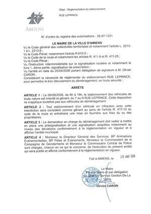 26 AT 1321 - Arrêté De Réglementation Du Stationnement, Rue Leprince à Amiens, Le 06 09 2026 De 6h00 à 18h00, Publié Le 28 08 2026