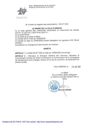 26 AT 1323 - Arrêté D'abrogation De Réglementation De La Circulation, Avenue Louis Blanc Et Autres,26 AT 1302, Publié Le 28 08 2026