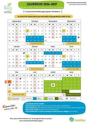 Calendrier de réservation 2026-2027 (Mercredi, Garderie du Matin/soir et Vacances)