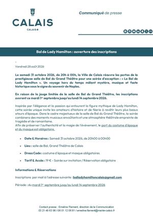 Bal de Lady Hamilton, ouverture des inscriptions