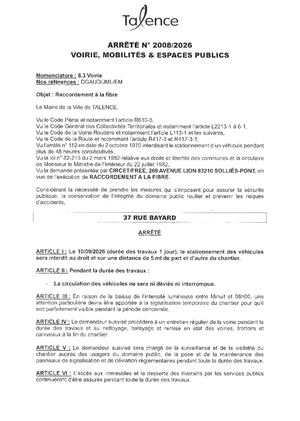 Arrete 2008 2026 - Raccordement A La Fibre 37 Rue Bayard Le 10 09 2026 Publié Le 28 08 2026