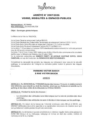 Arrete 2007 2026 - Sondages Geotechniques Parking V Basch Du 8 Au 17 09 2026 (10j) Publié Le 28 08 2026