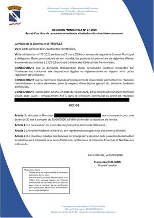 DM 07 2026 - Achat D'un Titre De Concession Funéraire Située Dans Le Cimetière Communal