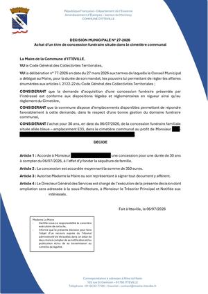 DM 27 2026 - Achat D'un Titre De Concession Funéraire Située Dans Le Cimetière Communal