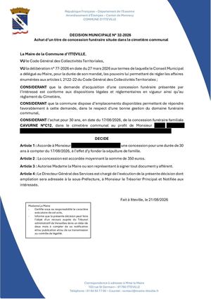 DM 32 2026 - Achat D'un Titre De Concession Funéraire Située Dans Le Cimetière Communal