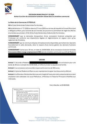 DM 33 2026 - Achat D'un Titre De Concession Funéraire Située Dans Le Cimetière Communal