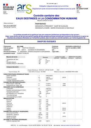 Contrôle sanitaire des EAUX DESTINEES A LA CONSOMMATION HUMAINE - SIAEP Oucques - mai 2026
