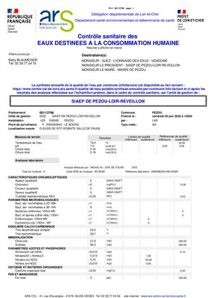 Contrôle Sanitaire Des Eaux Destinées à La Consommation Humaine SIAEP de Pezou - Loir Réveillon - Juin 2026