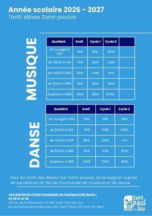 Ecole de musique et de danse Tarifs 2026 2027