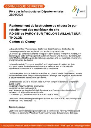 Renforcement de la structure de chaussée par retraitement des matériaux du site RD 955 de PAROY-SUR-THOLON à AILLANT-SURTHOLON Canton de Charny