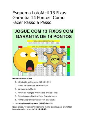 Esquema Lotofácil 13 Fixas Garantia 14 Pontos Como Fazer Passo A Passo