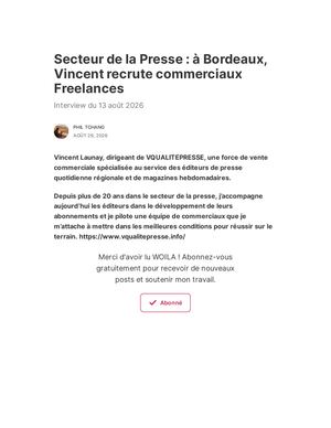 Wnews Secteur De La Presse à Bordeaux, Vincent Recrute Commerciaux Freelances