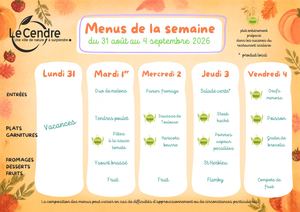 Menus du 31 août au 4 septembre 2026