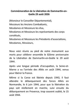 Discours Commémoration De La Libération De Dammartin 29 08 26