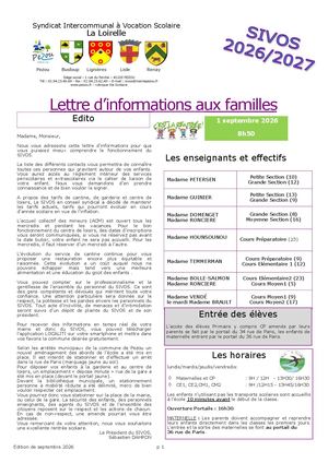 Lettre Information Aux Familles Rentree 2026 2027