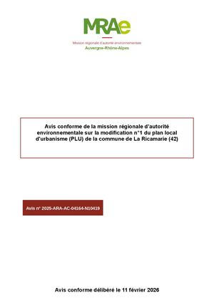 C I Avis N° 2025 ARA AC 014164 N 110419 Délibéré Le 11 02 2026 - PLU La Ricamarie