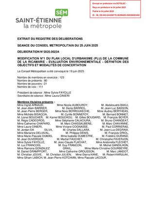A I Délibération N°2025 00234 Séance du Conseil Métropolitain 25 Juin 2025 - PLU La Ricamarie