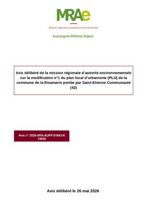 C Iii Avis N° 2026 ARA AUPP 01843 N 14400 délibéré le 26 05 2026 - PLU La Ricamarie