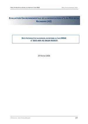 C Ii Mica Environnement, Note introductive au dossier, en réponse à l’avis MRAE N° 2025 ARA AC 04164 N10419  évaluation environnementale de la modification N°1 du PLU RICAMARIE