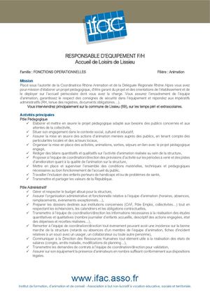 Responsable D'équipement F H - CDD - Lissieu