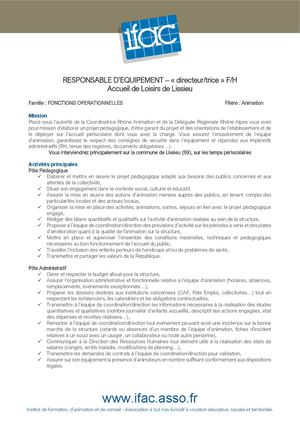 Responsable D'équipement F H - CDI - Lissieu
