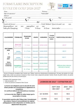 Ecole de golf adulte et enfant 2026-2027