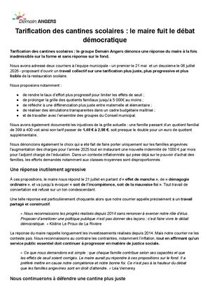 communiqué de presse : Cantines Scolaires Le Maire Fuit Le Débat Démocratique