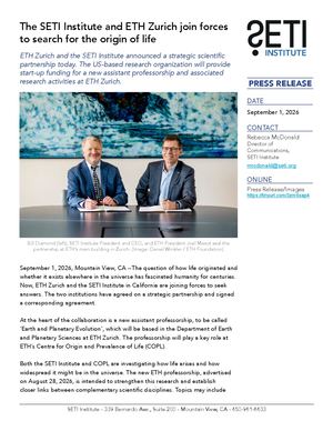 The SETI Institute and ETH Zurich join forces to search for the origin of life