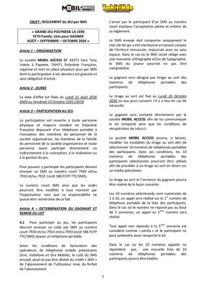 Reglement Mobil Acess Grand Jeu Polynesie La 1ere Fetii Family Août – Septembre – Octobre 2026