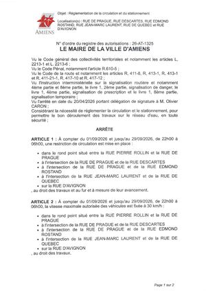 26 At 1325 Arrêté De Réglementation De La Circulation Et Du Stationnement, Rue De Prague Et Autres à Amiens, Du 01 Au 29 09 2026, Publié Le 20 08 2026