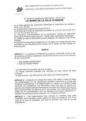 26 AT 1318 Réglementation De La Circulation Et Du Stationnement Rue André Durouchez Et Rue Du Fosse Warin Du 07 09 2026 Au 18 09 2026- Publiée Le 01 Septembre 2026
