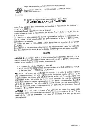 26 AT 1319 Réglementation De La Circulation Et Du Stationnement Rue Du Colvert, Rue Leo Lagrange Et Rue Winston Churchill Du 07 09 2026 Au 25 09 2026- Publiée Le 01 Septembre 2026