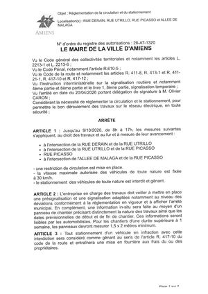 26 AT 1320 Réglementation De La Circulation Et Du Stationnement Rue Derain Rue Utrillo Rue Picasso Et Allée De Malaga Jusqu'au 09 10 2026  - Publiée Le 01 Septembre 2026