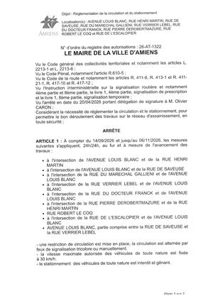 26 AT 1322 Réglementation De La Circulation Et Du Stationnement Avenue Louis Blanc & Autres Du 14 09 2026 Au 06 11 2026  - Publiée Le 01 Septembre 2026