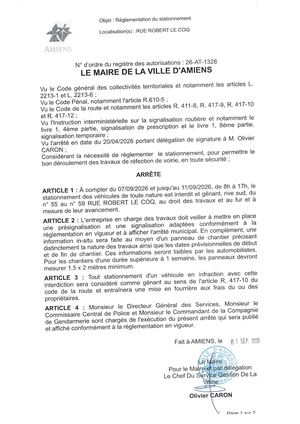 26 AT 1328 Réglementation De La Circulation Et Du Stationnement Rue Robert Le Coq Du 07 09 2026 Au 11 09 2026 - Publiée Le 01 Septembre 2026
