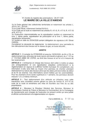 26 AT 1329 Réglementation Du Stationnement Rue Abbe De L'epee Du 07 09 2026 Au 16 09 2026- Publiée Le 01 Septembre 2026