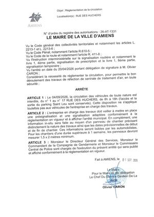 26 AT 1331 Réglementation De La Circulation Rue Des Huchers Le 04 09 2026 De 8h - 18h - Publiée Le 01 Septembre 2026