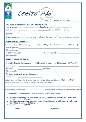 Formulaire Centre Ado 2026 2027 Pdf