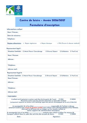 Formulaire Centre De Loisirs 2026 2027 Pdf
