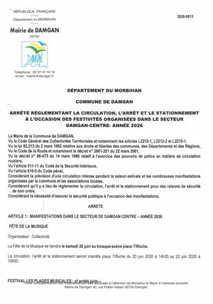 Arreté Festivités Secteur Damgan Centre 2026